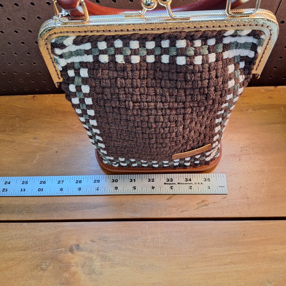Brown Woven Top-Handle Bag with Cream & Green Trim - Picture 6 of 9